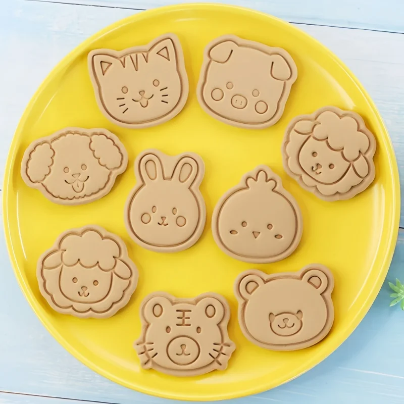 8Pcs/Set Animal Portrait Cookie Stamp Mold Bear Pig Chicken Dog Rabbit Sheep Tiger Cat Shape Biscuit Mold Baking Tools view 3