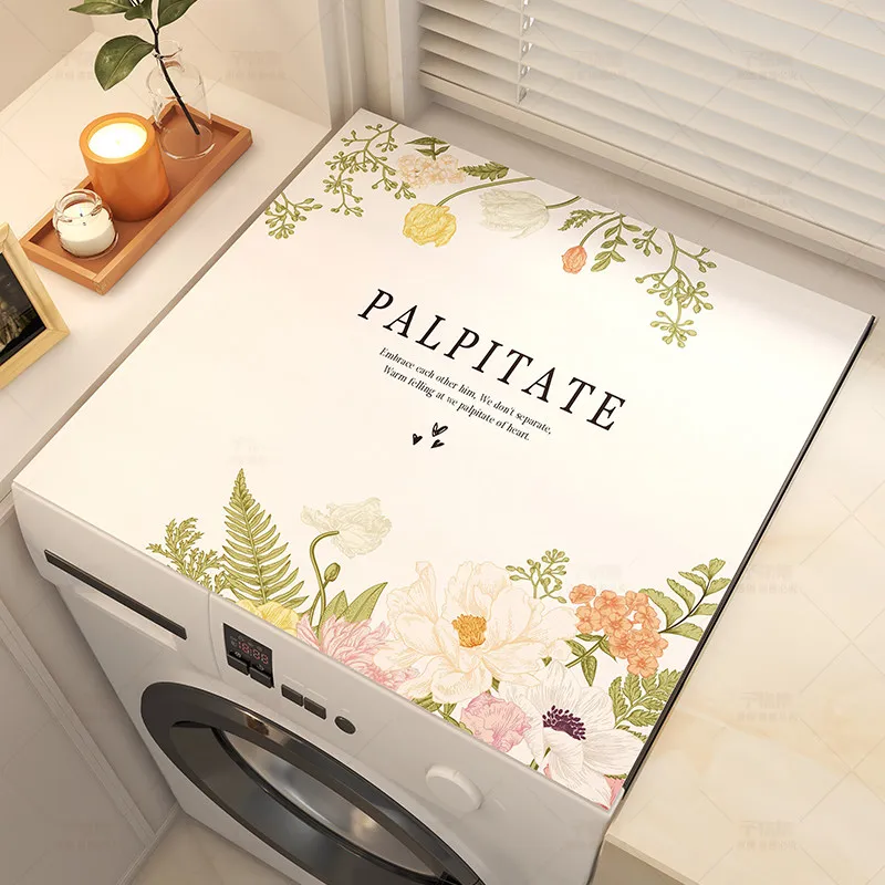 VIKAMA French Vintage Peony Washing Machine Cover Mat Floral Letter Border Waterproof Anti Dust Laundry Dryer Top Pad