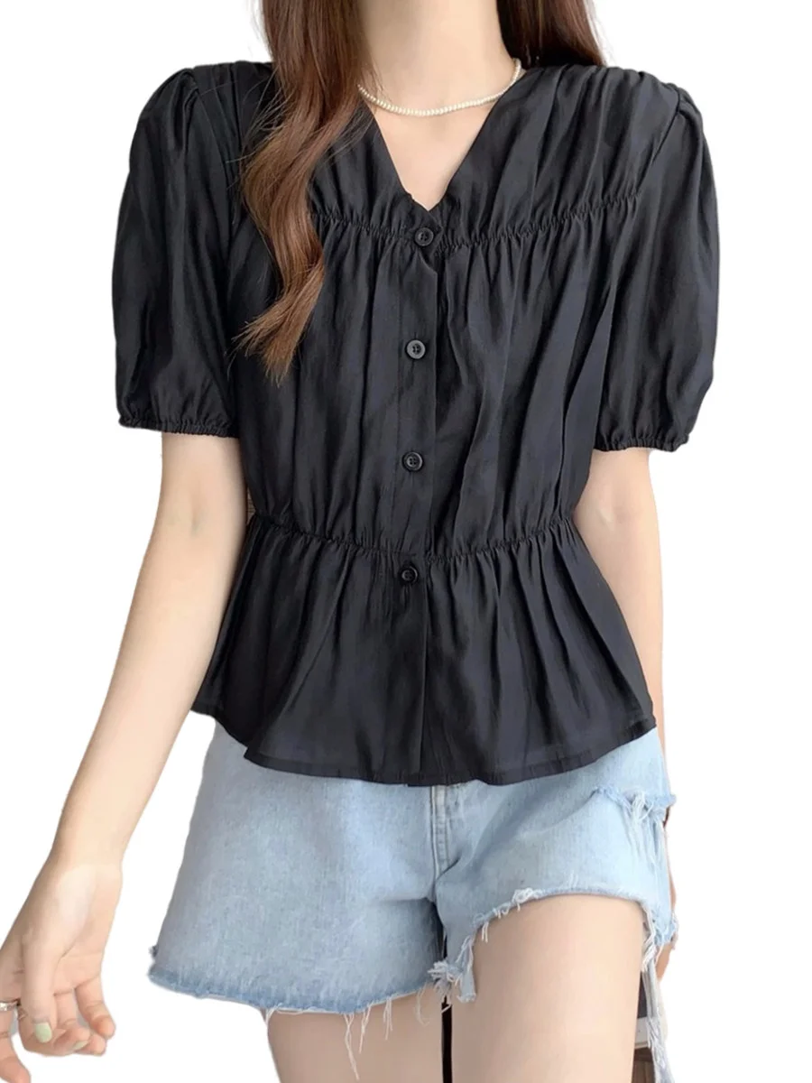 

4XL Women Spring Summer Blouses Shirts Lady Fashion Casual Short Sleeve V-Neck Collar Solid Color Pleated Blusas Tops G2147