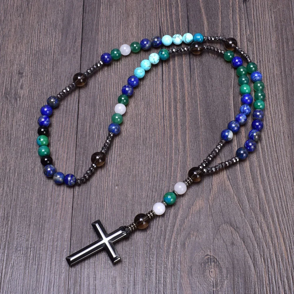 Natural Lapis Lazuli Mala Beads Cross Catholic Christ 5-decade Rosary Necklaces Hematite Pendant Necklace for Women and Men Gift