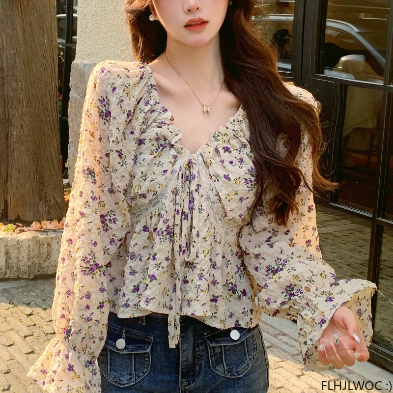 2023 Spring Summer Korea Chic Tops Blusas Fashion Flhjlwoc Design Short Crop Peplum Floral Print Sexy Off Shoulder Women Blouses