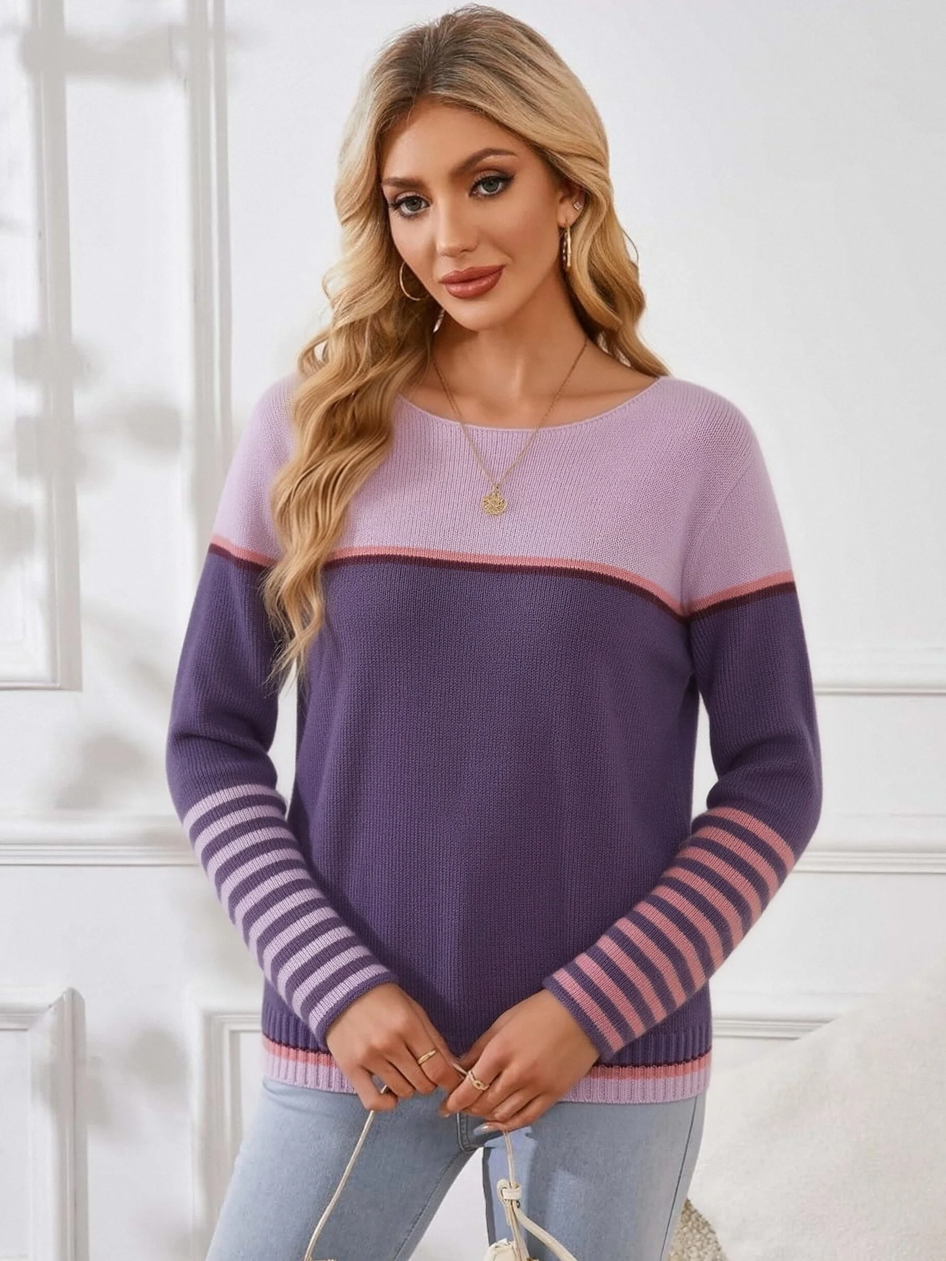 

Color Block Contrast Striped Knit Sweater for Women Spring Autumn Boat Neck Long Sleeve Loose Casual Daily Knit Pullover