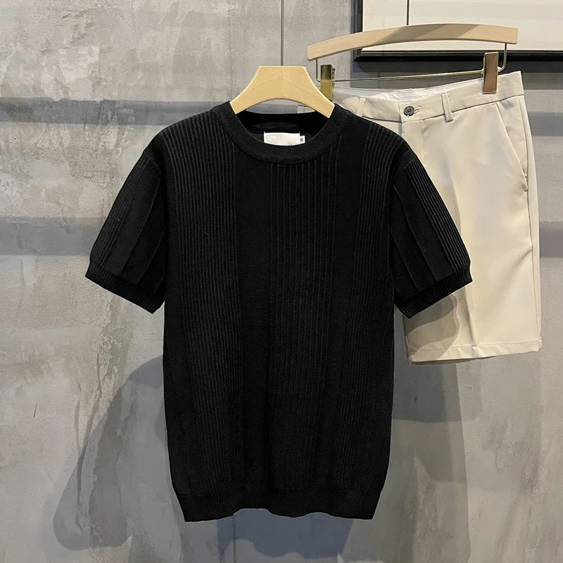 Knitted Short Sleeve-Shirt Men, Summer Thin Silk Half Sleeve Sweater, White Inner Wear, Single Wear Base Shirt