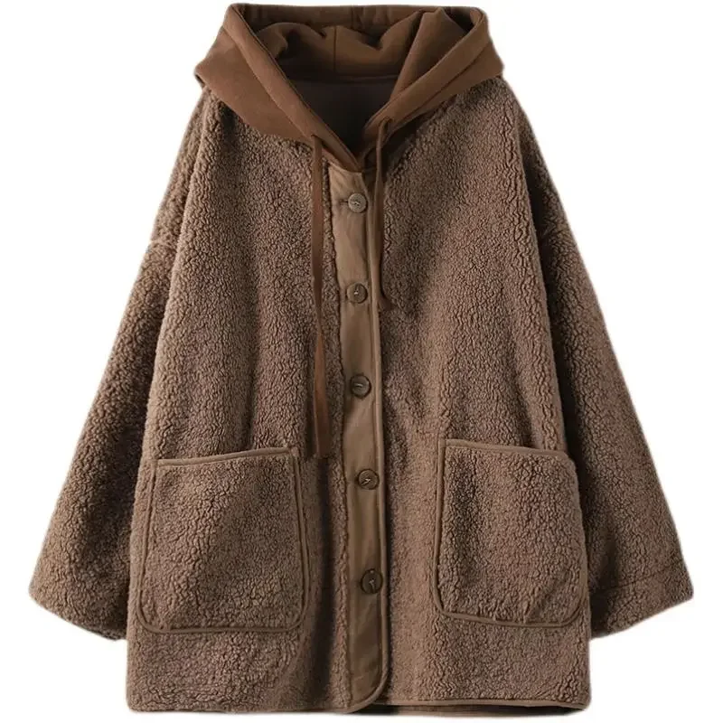 Lamb Wool Fleece Hooded Cotton-padded Jacket Coat Autumn Winter Women Clothes Patchwork Oversize Warm Fake Two Pieces Sweatshirt