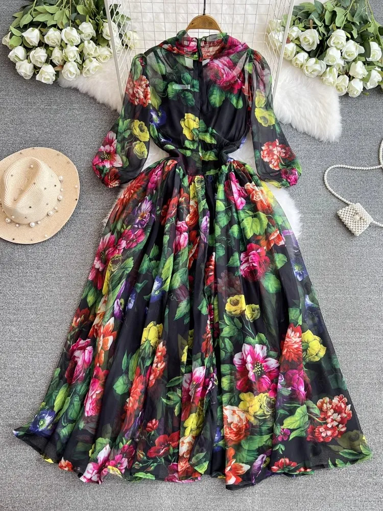 Spring Summer Holiday Gorgeous Flower Dress Women's Bow Neck Lantern Sleeve Flower Print Long Chiffon Bohemain Robe Vestido