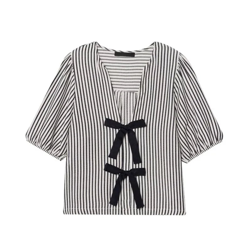 

TRAF Women Striped Blouse With Ties Summer Short Puff Sleeves Female V Neck Shirts Casual Elastic Cuffs Women's Shirts & Blouses