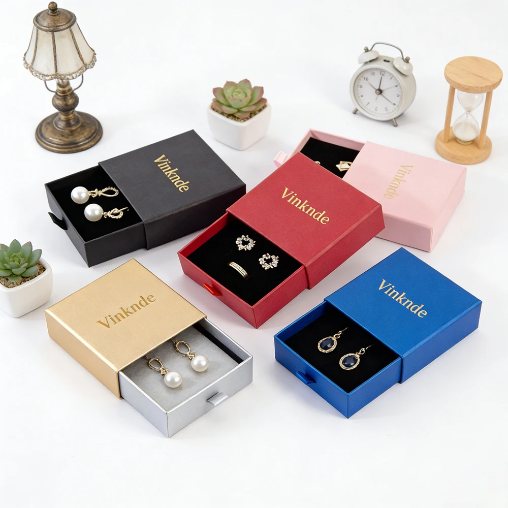 

50Pcs Custom Logo Ring Earring Necklace Packaging Drawer Boxes Wedding Birthday Present Box for Jewelry Gift Paper Display Case