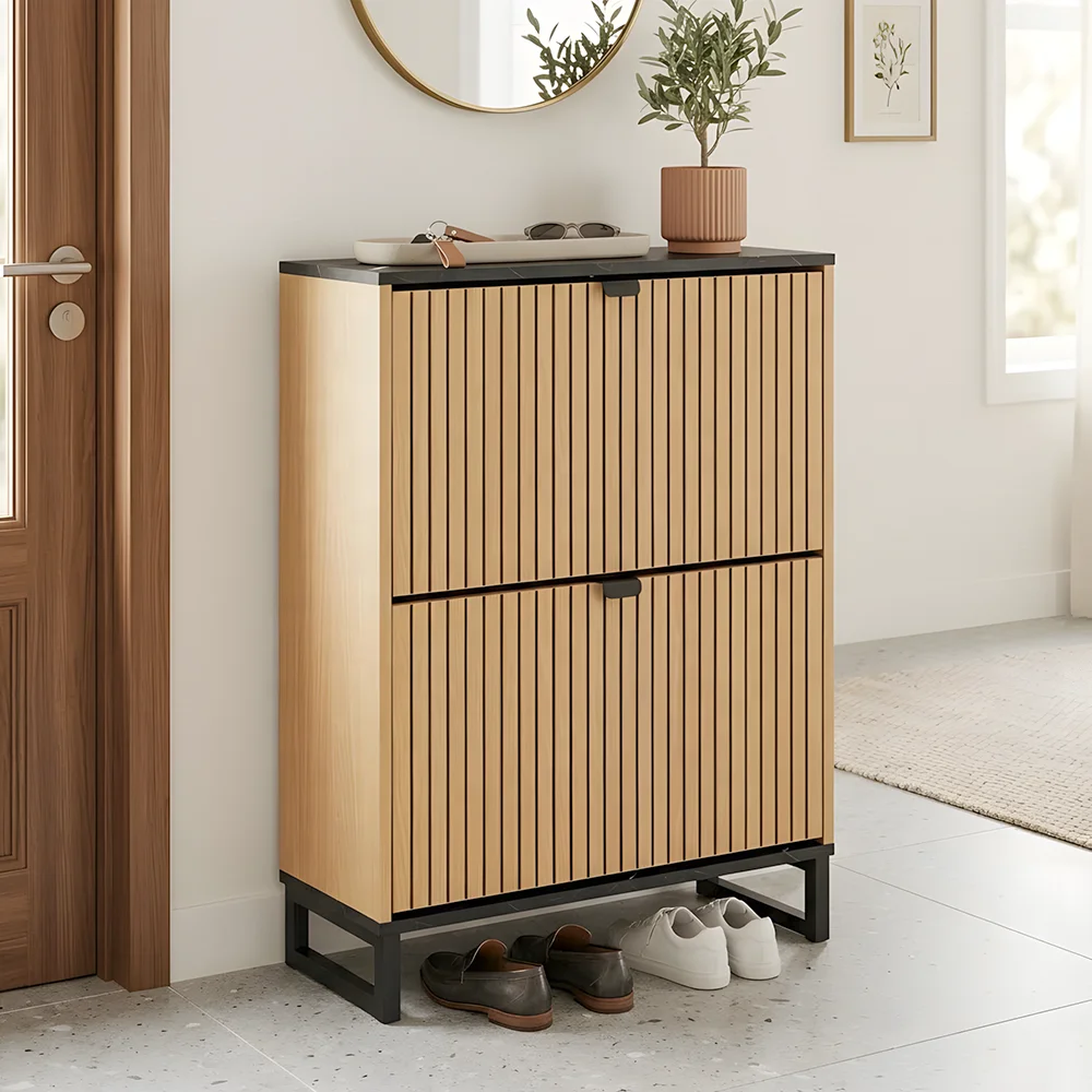 Modern Flip Door Entryway Living Room Wood Slim Narrow Shoe Rack Cabinet With Black Marble Finish