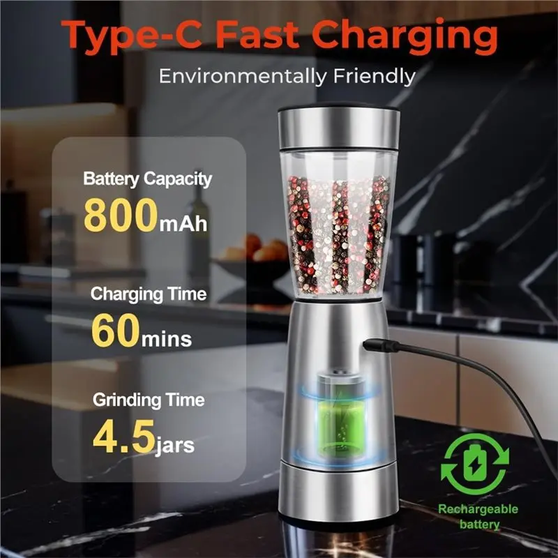 Electric Salt And Pepper Grinder With LED Light, Stainless Steel Adjustable Coarseness, Automatic Pepper& Salt Mill Set-Y48A