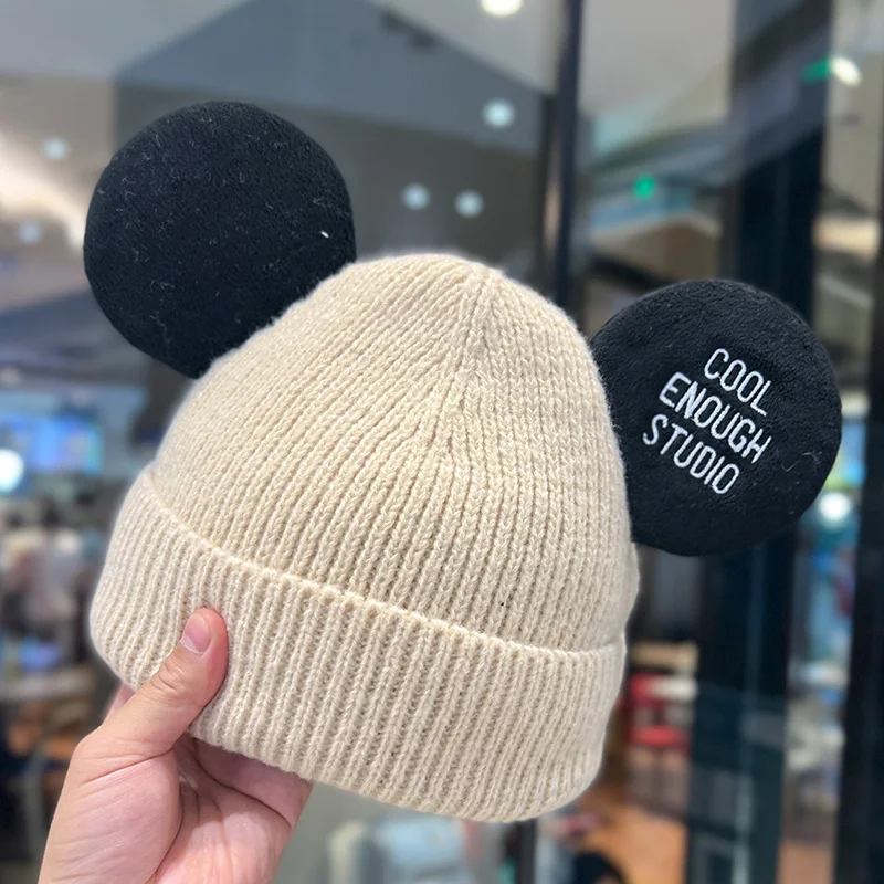 Disney Mickey Mouse Knitted Bonnets Cute Mickey Ears Winter Warm Hats for Women Cartoon Beanie Fashions Casual Outdoor Caps