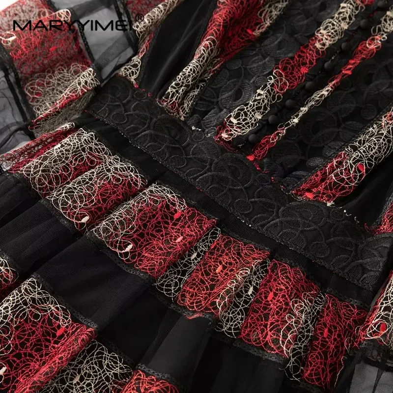 فستان MARYYIMEI أنيق للخريف والشتاء فستان نسائي بياقة واقفة وأكمام واسعة فساتين عصرية للحفلات المجوفة