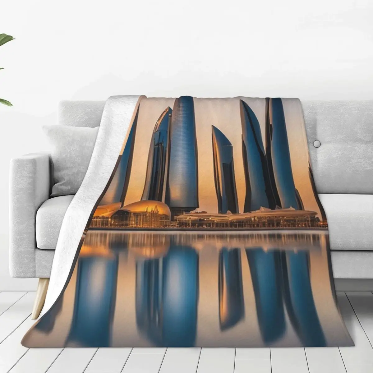 Abu Dhabi Skyline And Etihad Towers At Sunset With Reflection Blankets Fleece Sofa Throw Blankets Throws Bedspread Quilt