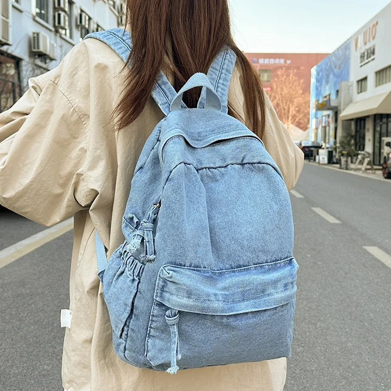 Washable denim backpack for women, simple and versatile, student schoolbag, large-capacity travel backpack