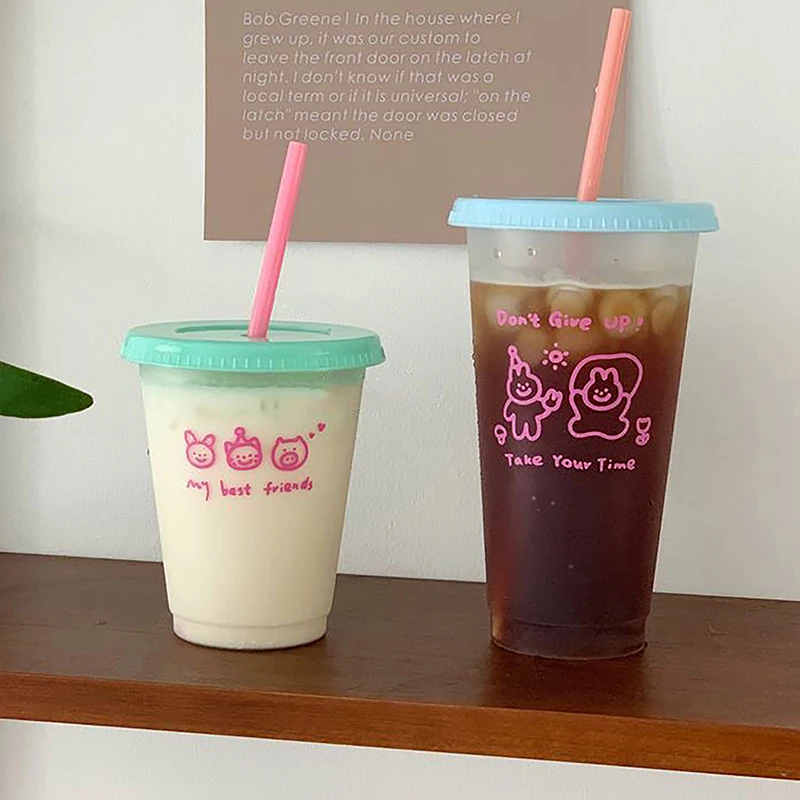 Kawaii Water Cup With Lid Straw For Coffee Juice Milk Tea Cute Plastic Water Bottle Portable Reusable Drinking Bottles BPA Free