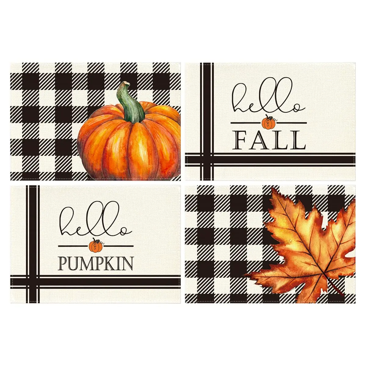 

Hello Fall Pumpkin Maple Leaves Buffalo Plaid Placemats,Washable Table Mats,Harvest Vintage Thanksgiving, Thanksgiving, Set of 4