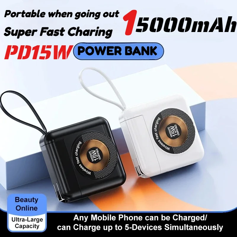 

22,5 Вт, 15000 мАч, мобильный внешний аккумулятор с быстрой зарядкой и кабелем, вилка переменного тока для IPhone 15 16 12 Xiaomi Samsung Huawei Powerbank