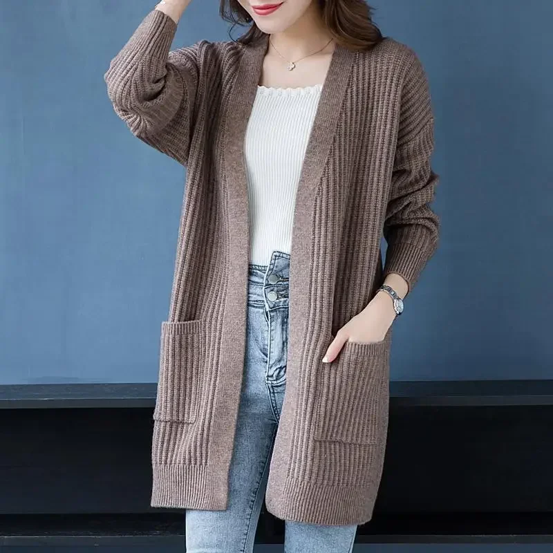 

Spring Autumn Loose Long Sleeve Knitted Sweater Cardigan Women's Versatile Outerwear Korean Style Medium Length Trendy Coat