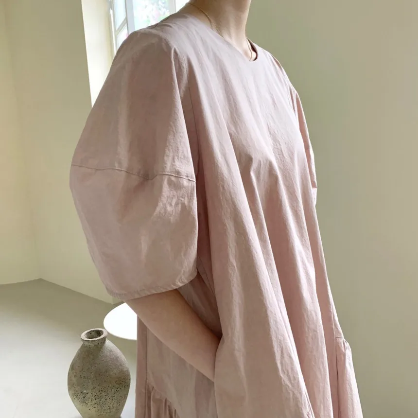 REALEFT estate 2024 nuovi abiti lunghi da donna irregolari a vita alta con maniche a sbuffo o-collo Casual abito dritto allentato femminile