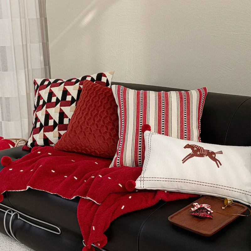 Coleção vermelha travesseiros cavalo bordado capa de almofada alegre feriado quente capa de almofada decorativa para sofá cadeira decorações para casa