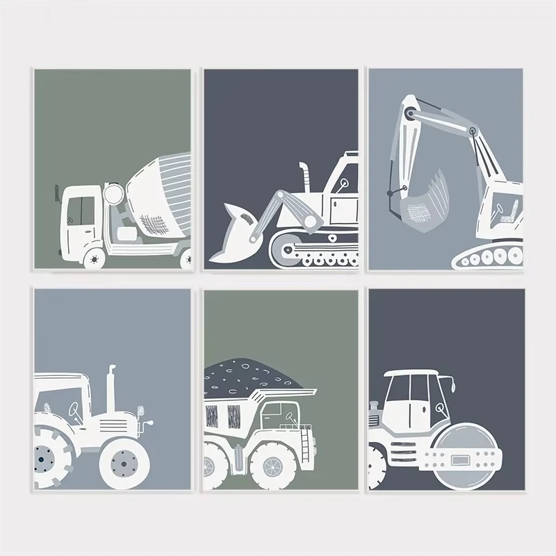 Modern Cartoon Construction Vehicles Poster Truck Tractor Excavator Canvas Painting Wall Art for Nursery Boys Room Home Decor