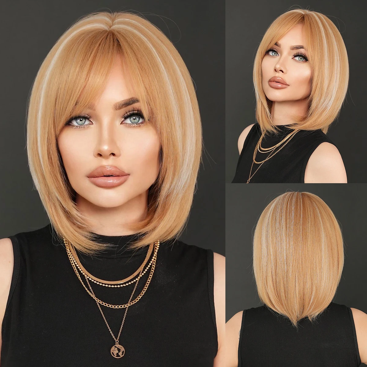 NAMM Short Straight Hair Blonde Wig For Woman Daily Cosplay Wig Highlight White Bob Wigs Synthetic Hair Heat Resistant