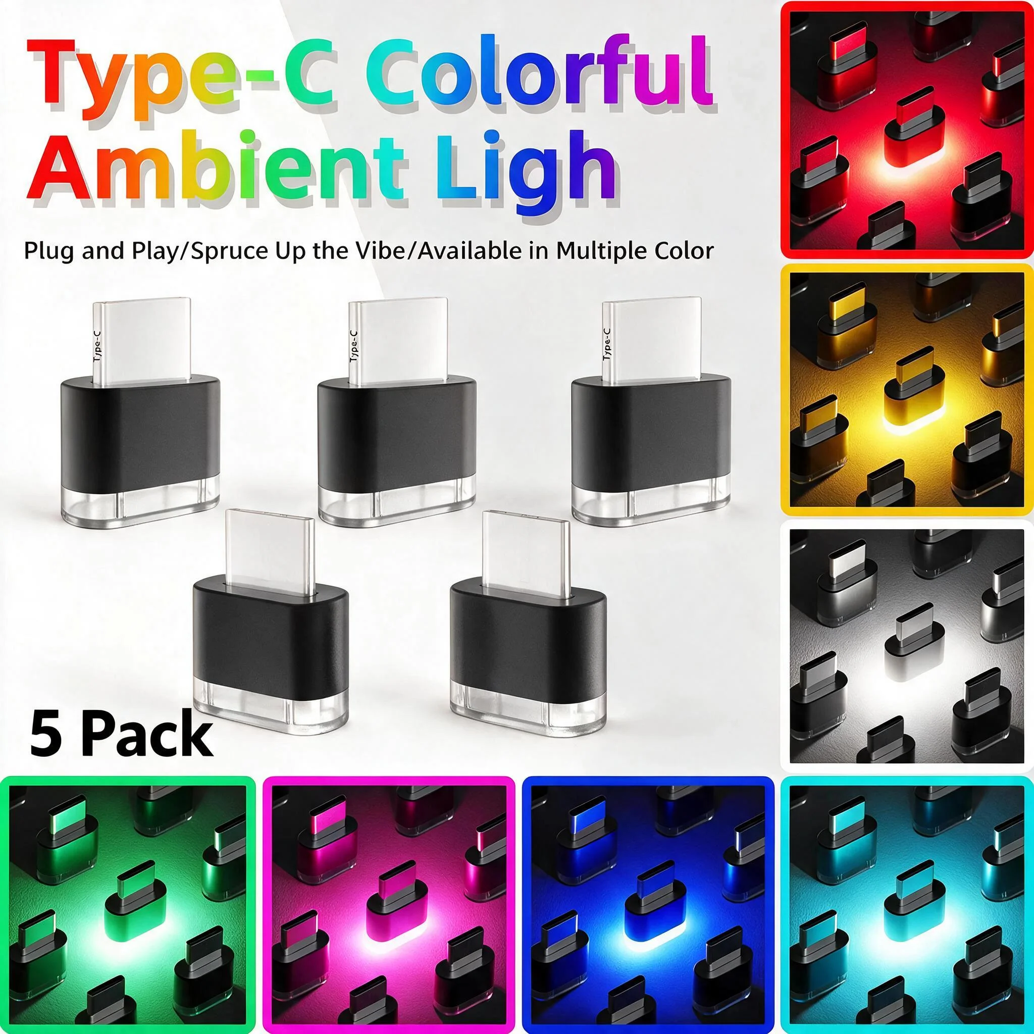5Pcs Type-C Car Interior Ambient Atmosphere Light, Plug and Play Mini LED Signal Lamp Single Color Auto Reading Night Light Universal Vehicle Interior Decorations Car Accessories