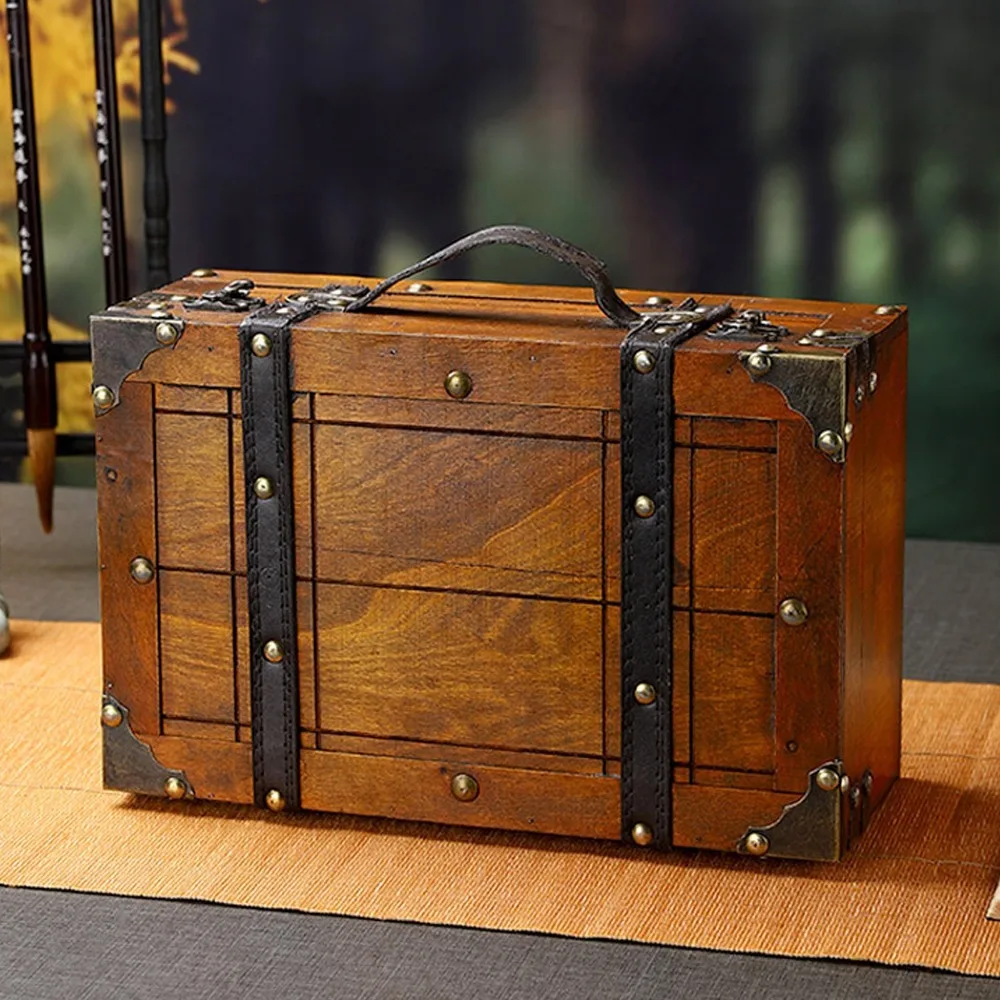 Dressers Hinged Lid Decorative Storage Box Brown Lockable Jewelry Storage Box Handcrafted Wood Trunk Organizer Keepsakes Storage