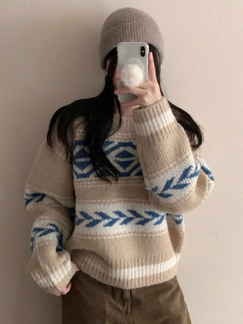 

Retro Color Blo Diamond Pattern Knitted Sweater Women's Winter New Sle Versatile Long Sve Top for Commuting And Street...