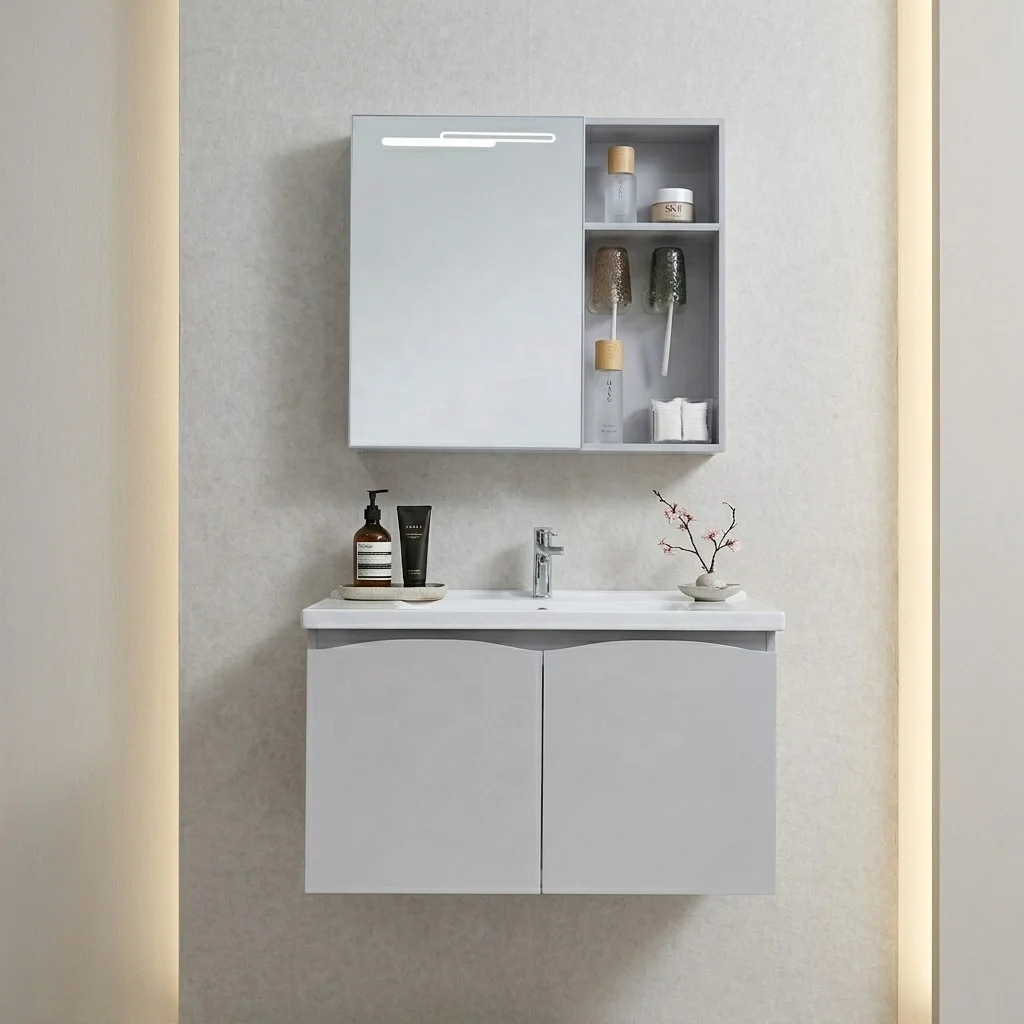 Hot Sale Wall-Mounted Washbasin Moisture-Proof Lighted Mirror Gray Vanity Cabinet Set For Bathroom Bathroom Vanities