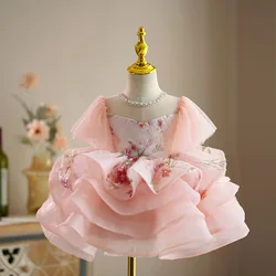 Summer Pretty Girls Dresses Birthday Party Communion Ceremony Princess Dress Pink Lace Appliques Kids Ball Gown Elegant Costume