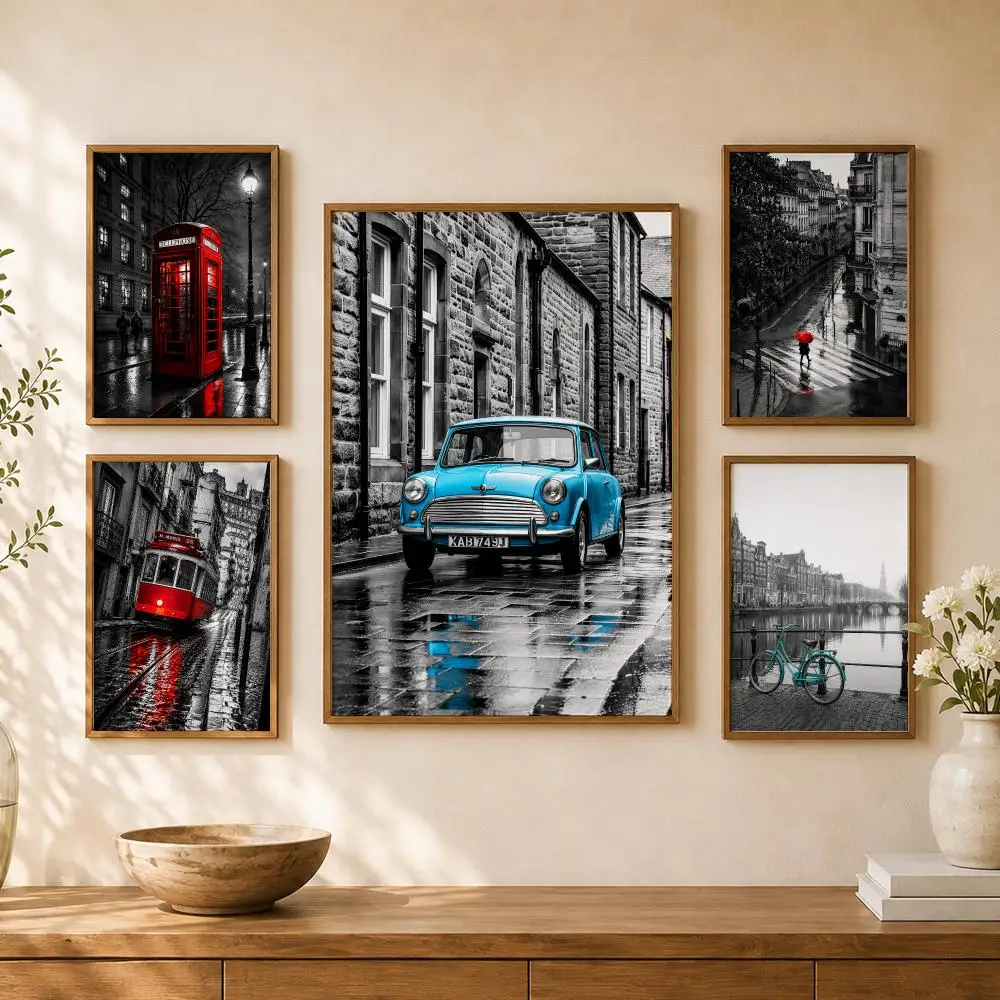 Rainy European City Streets Selective Color Retro Transport Poster Home Room Bar Cafe Club Decor Aesthetic Art Wall Painting