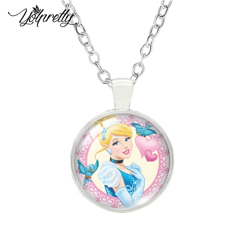 2025 Disney princesa Cenicienta zapatos de cristal pinturas de dibujos animados cabujón de cristal collar de moda colgantes joyería