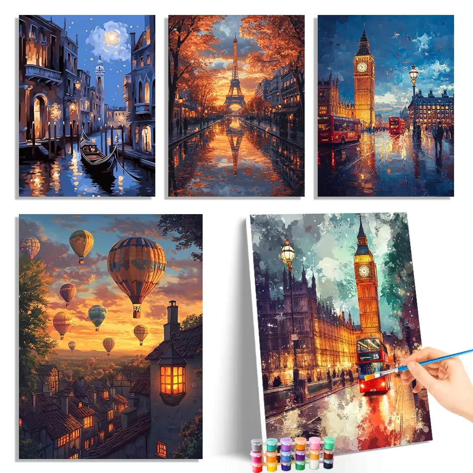 

1pc frameless Painting By Number Adults City night scenery Markers By Numbers Drawing Canvas Acrylic Handiwork Kits Home Decorat