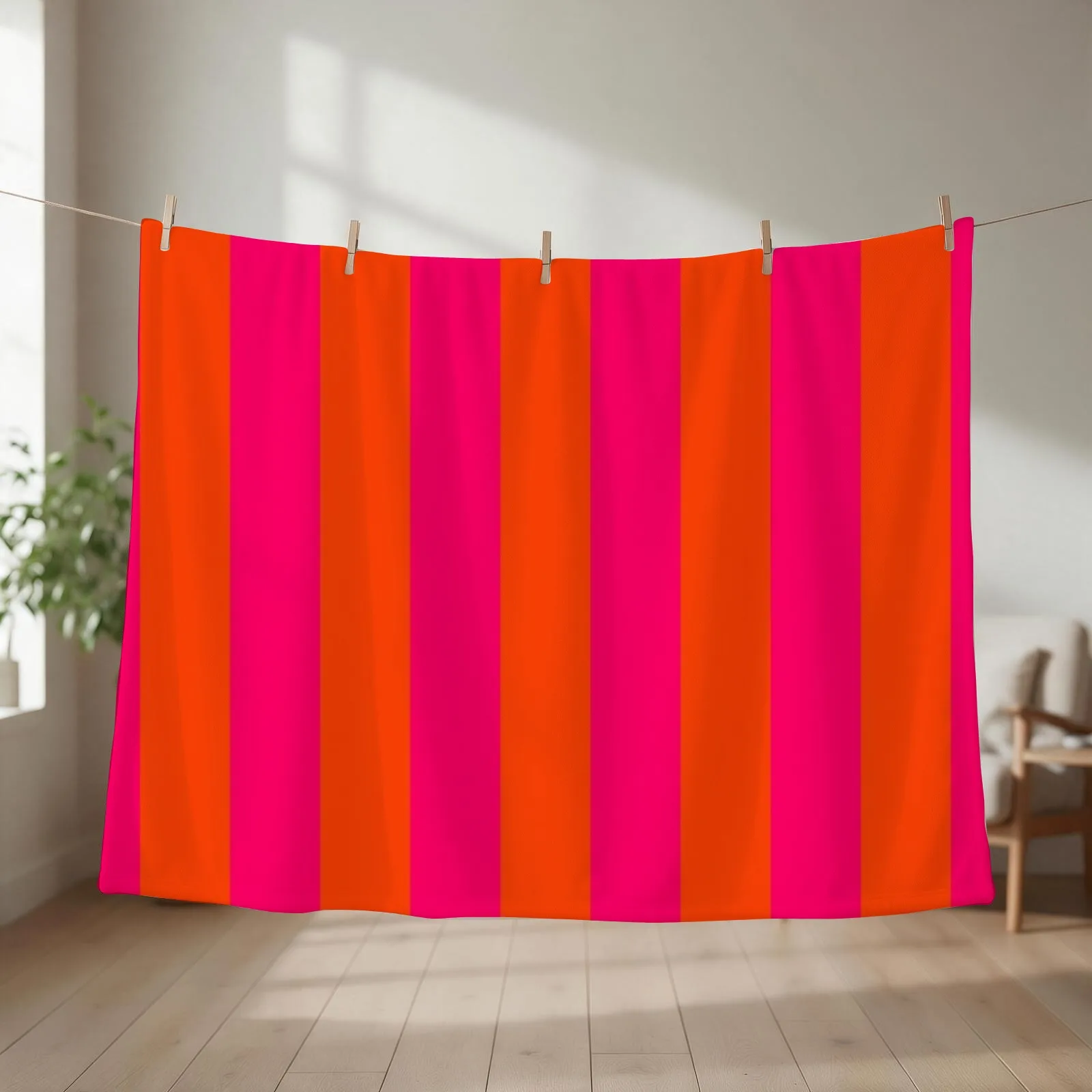 Bright Neon Pink and Orange Vertical Cabana Tent Stripes Throw Blanket couch cozy soft plush fuzzy picnic outdoor blanket