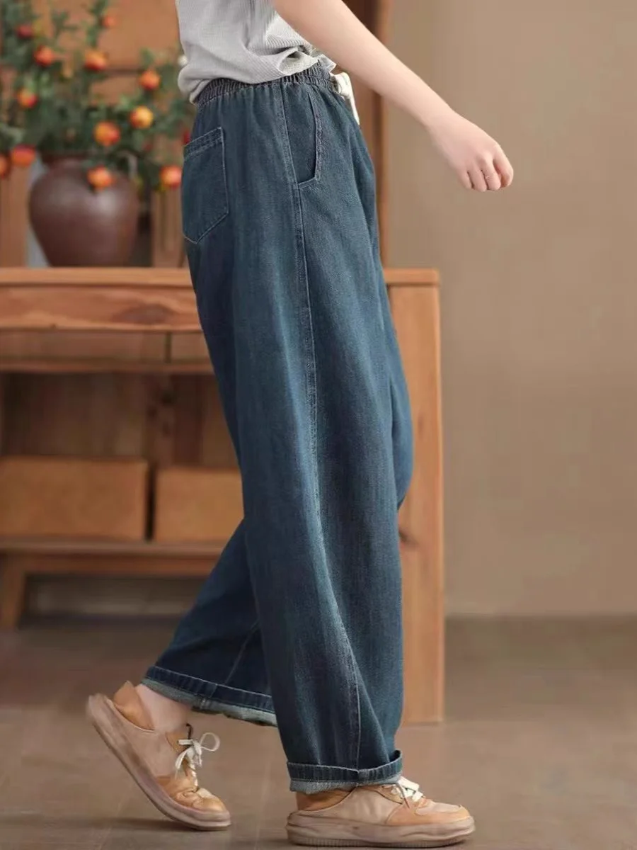 Pantalon d'été en Denim de coton pour femmes, décontracté, taille haute, Long, jambe droite, coupe ample, nouveau, sensation Premium, printemps