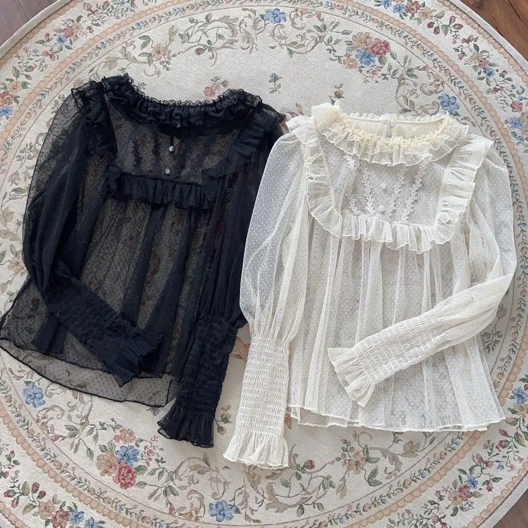 

​​Victorian Sweetheart Blouse Dollcore Cluny Lace Antique Button Long Sleeve Layerable Respite Wear Sheer Mesh