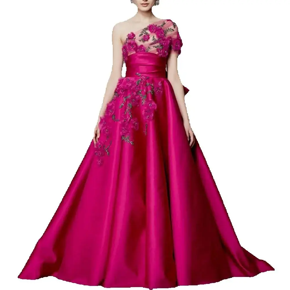 Exquisite Rose Red Women Prom Dresses One Shoulder Sleeve A-Line Floor Length Appliques Pretty Female Evening Party Gowns