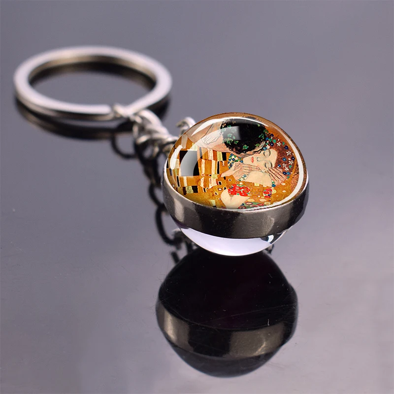 Gustav Klimt The Kiss Oil Painting Keychain Glass Ball Pendant Key Chain Life Tree Fulfillment Keyring Art Jewelry Souvenir Gift