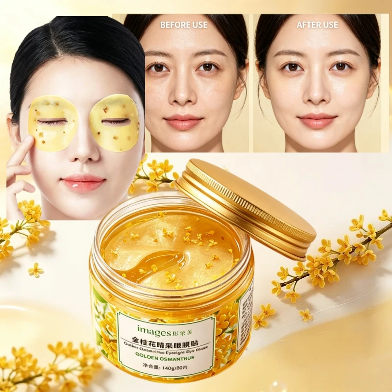 1 Box of 80 Eye Mask Patches Contains Golden Osmanthus Flower Essence, Antioxidant and Brightening Properties, Jelly Gel Texture, Adheres to the Eye Area Without Slipping, Moisturizes and Hydrates, Reduces Dry Lines an