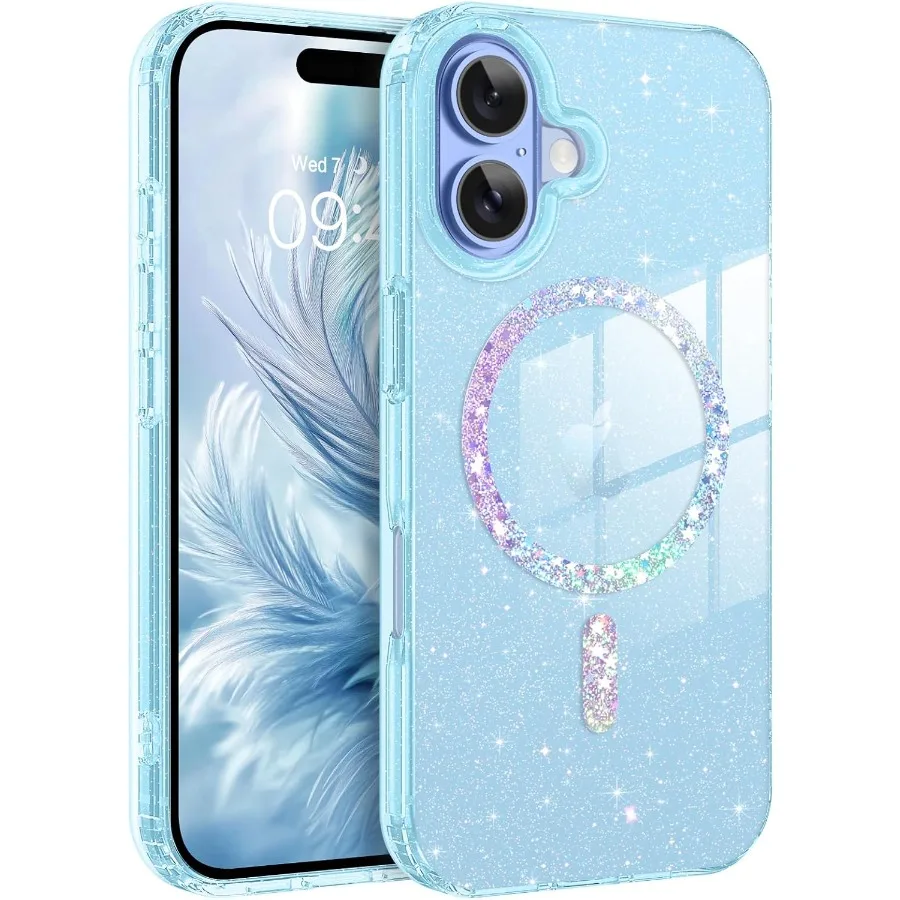 

Светло-голубой блестящий магнитный чехол для телефона iPhone 17, 6,3 с поддержкой MagSafe, противоударный блестящий милый чехол для женщин и