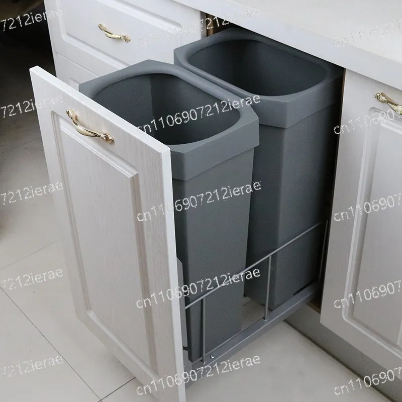 Kitchen cabinet pull-out embedded hidden door-type lidless lift trash can classification household buffer damping rail