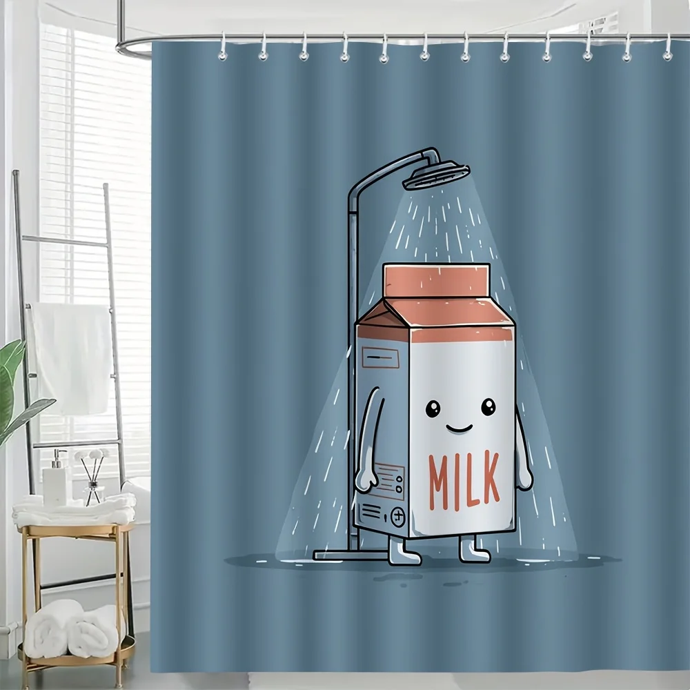 Funny Milk Carton Shower Curtain Bathroom Decor Cute Cartoon Milk Character Shower Curtain for Modern Bathroom Design