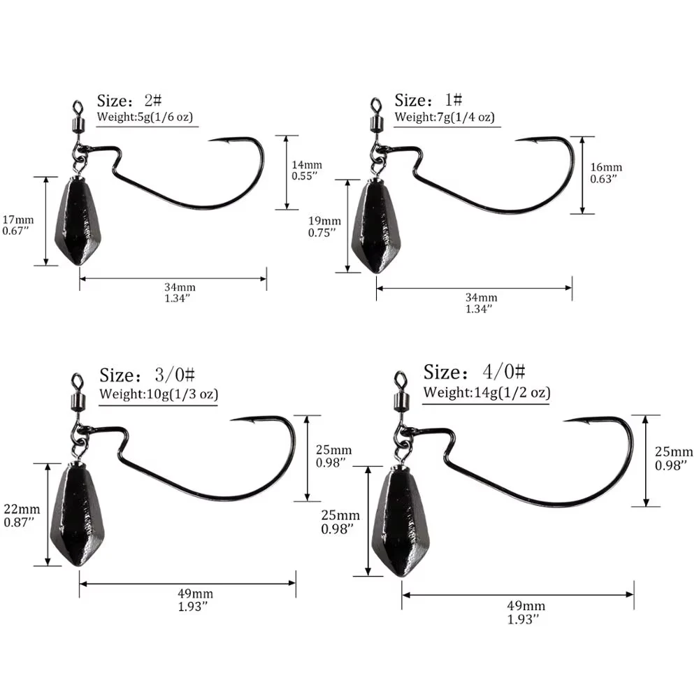 QualyQualy 3pcs Dropshot Hook #2 #1 #3/0 #4/0 Wide Crank Barbed Hooks 5g 7g 10g 14g Lead Weight Sinkers Freshwater Offset Hook