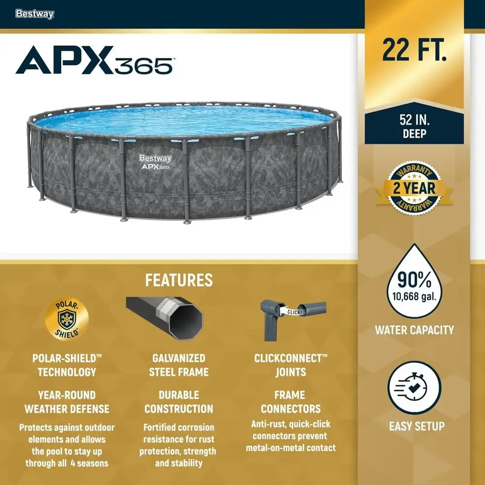 Round Above Ground Swimming Pool Set with Sand Filter Pump, Ladder, and Cover, 22' x 52, Marble Color