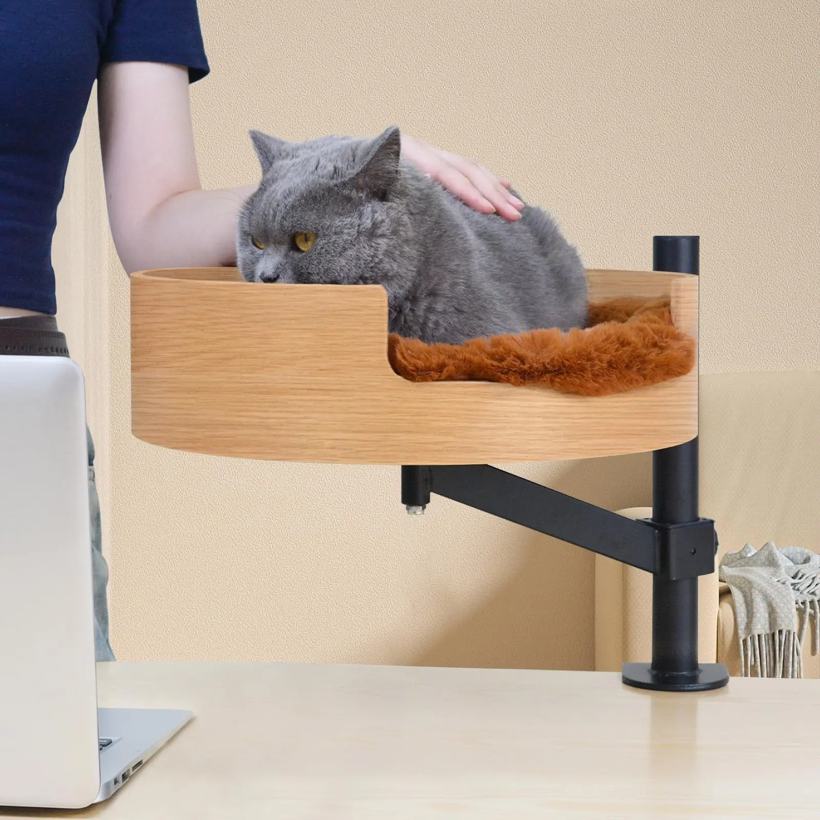 

Stylish Solid Wood Cat Bed Desk Adjustable Height Cat Hammock Stylish With Wooden Bowl Durable