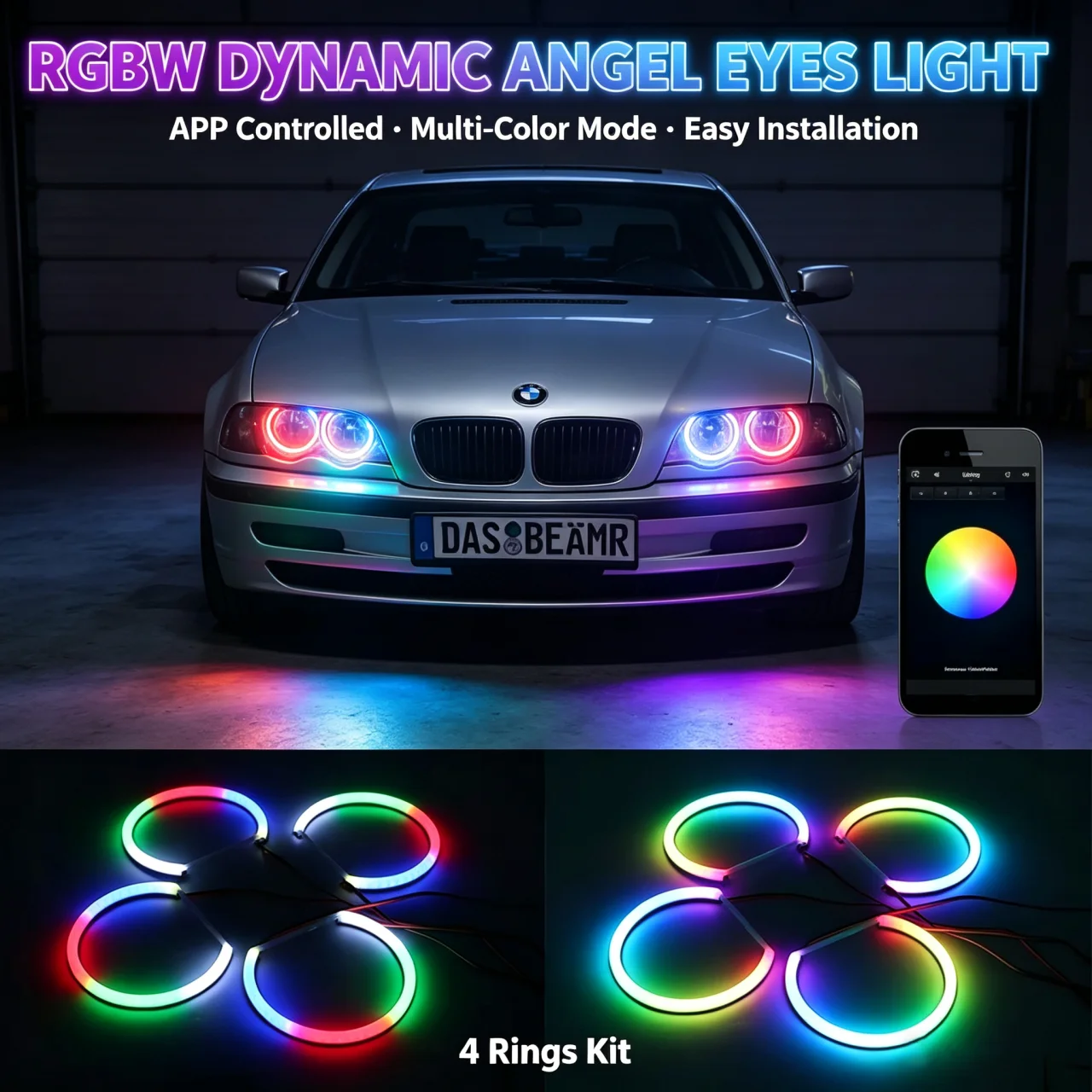Dynamic Cotton LED Angel Eyes Halo Ring RGBW APP Control DRL Turn Signal Lamp For BMW E46 E39 E38 3 5 7 Series