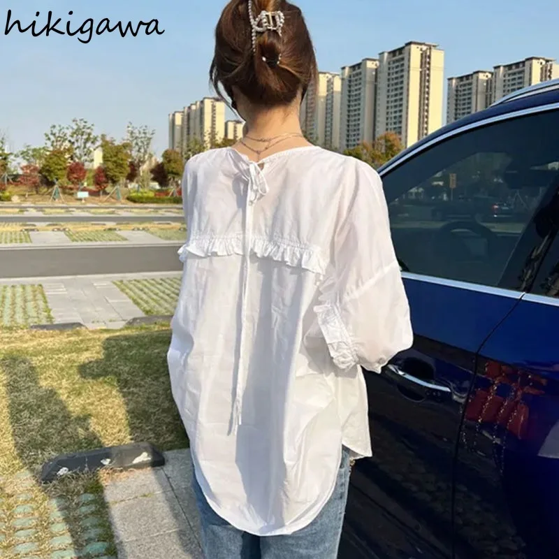 Cotton Blouses Women Clothes Oversized Shirts Short Sleeve Polka Dot Ruffles Summer Blouse White Tops 2024 Blusas Mujer De Moda