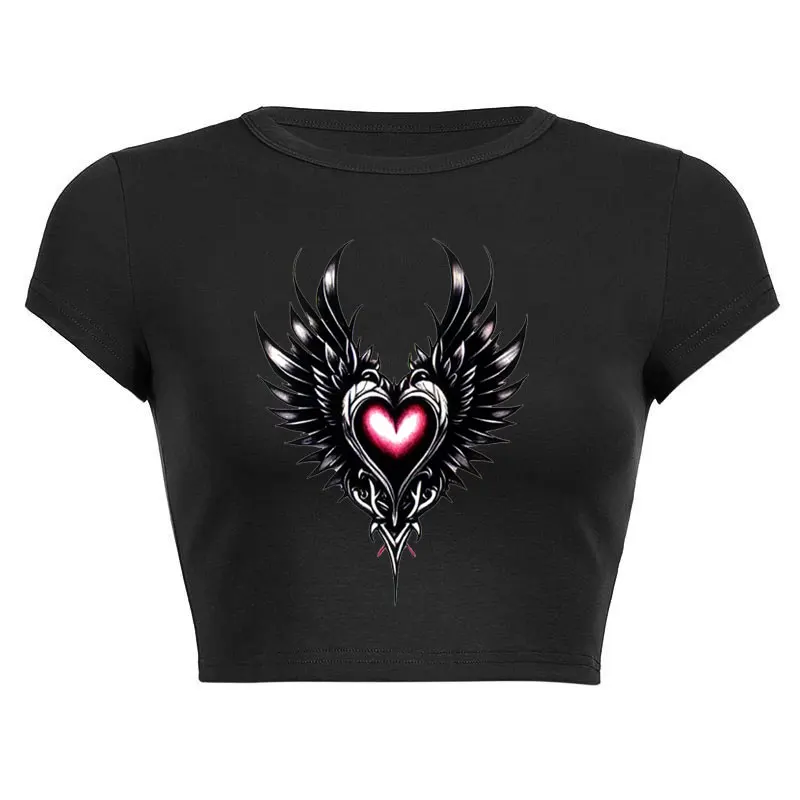 Summer outfit Magic Heart Wings Flying Print Pattern Short Sleeve O Neck Sexy Cropped Navel Women Crop Tops Fashion T-Shirt