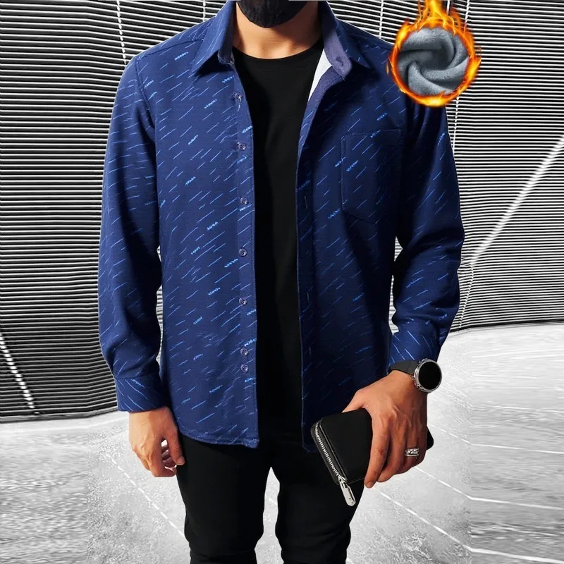 

Men's Asian Sizes, Long-Sleeve Collared Fashion Fleece-Lined Thickened Multi-Color Warm Shirt, Trendy Wear