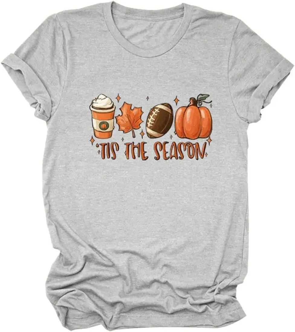 

Tis The Season T-Shirt Cute Pumpkin Spice Football Fall Latte Graphic Print Shirt Halloween Pumpkin Tee Tops